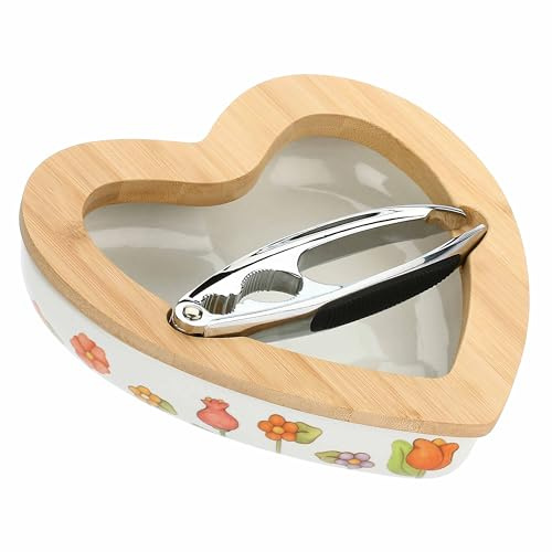 THUN, Ciotola Schiaccianoci in Porcellana e Legno, Linea Happy Country, Idea Regalo per la Cucina, Ø 19.2, 5.6 cm h