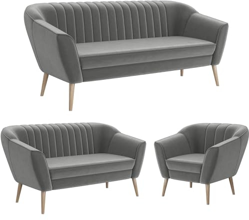 MEBLINI Mini Sofa Set 3-2-1 für Wohnzimmer - Mini Lounge für sechs Personen - Küchensofa - Sofa Klein - Sitzgarnitur - Polstergarnitur - Sofagarnituren - KAIA - 3+2+1 - Hellgrau Samt