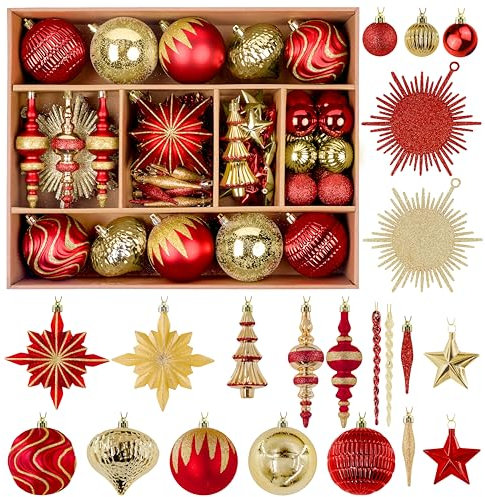Alupssuc 80pcs Weihnachtskugeln Kunststoff Set,Bruchsichere Plastik Weihnachtsschmuck für Weihnachtsbaum Urlaub Hochzeit Party Dekorationen mit Hängenden Schnüre Moderner Leichter Luxus Rot und Gold