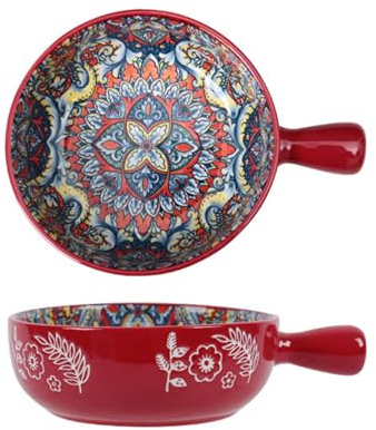 KKGUD 1 Packung handbemalte Keramik-Servierschale mit Griff, runde Salatschüssel, 15,2 cm, Bohemian-Muster (rot)
