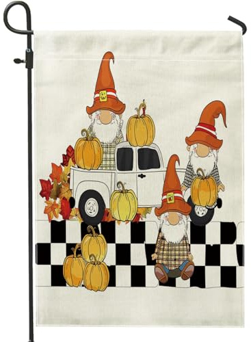 Drapeau de jardin de récolte d'automne, nain orange, citrouille, camion, décoration d'intérieur, drapeau de cour, décoration d'extérieur en toile de jute double face pour Halloween, 30,5 x 45,7 cm
