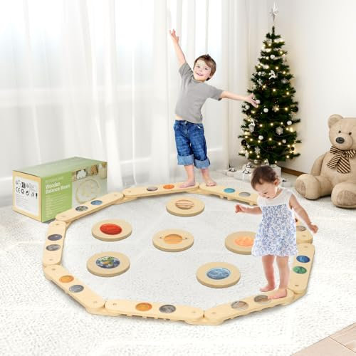 COSYLAND - Holz Balancierbalken Kinder mit 6 Balanciersteine - Kleinkinder Schwebebalken - Frei Kombinie und Universum Hindernissteinen - Balance Boards für Kinder Drinnen