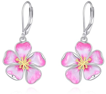 AXELUNA Boucles d'oreilles en forme de fleur de cerisier pour femme en argent sterling et émail rose cerise fleur pendante boucles d'oreilles bijoux cadeaux pour mère épouse, Normal, Argent sterling,