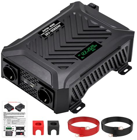 DATOUBOSS Convertisseur 12V 220V-230V Pur Sinus 2000W/4000W, Convertisseur 12v 220v 2000W, avec 2 Prises EU, Sortie USB & Type-C Et Écran LCD, Convertisseur Pur Sinus 2000W pour Camping-Cars, Camping