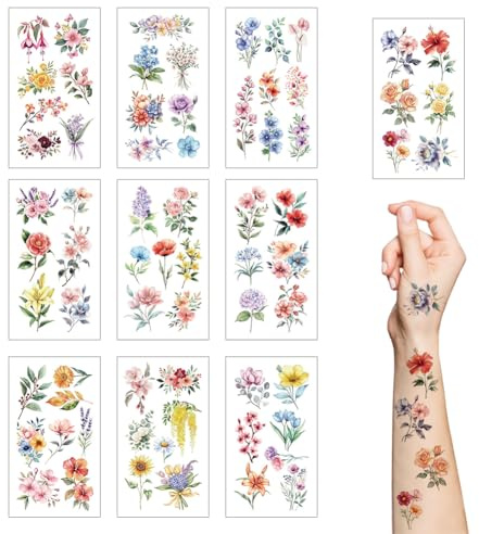 Flower Temporary Tattoos,10 Sheets Realistic Floral Rose Lily Sunflower Fake Tattoo Stickers for Birthday Party Favors Goodie Bags Stuffers Party Fillers