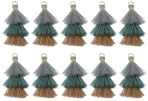 QUARKZMAN 10 Stück Winzige Dreischichtige Quasten 1,6 Mini Quaste Taschenanhänger Böhmische Handgefertigte Quasten Schlüsselanhänger für DIY Projekte Schmuckherstellung (Grau/Grün/Kaffee)