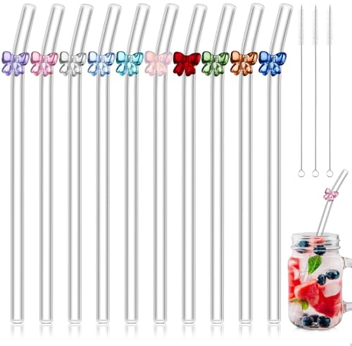 Meanplan 10 Pcs Cute Glass Straws with Design, Bow, Mixed Color
