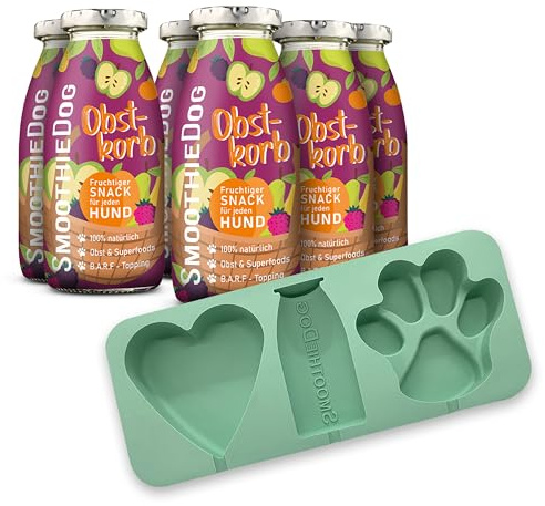 Hunde Smoothie SmoothieDog 6er Obstkorb (vegetarisch) + Eisform - Hundeis selber Machen - Leckerli für Hunde - Zucker- & glutenfrei - je 250ml