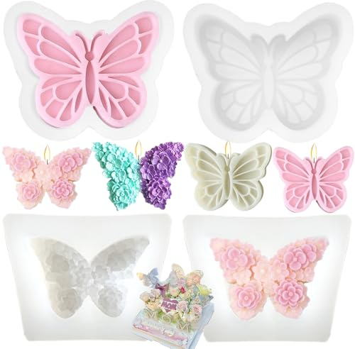 Paotxpum 4 PCS 3D Flower Butterfly Candle Molds Mini Butterfly Silicone Molds Epoxy Resin for Candle Making Resin Casting Soap Plaster Fondant Cake Decoration Molds