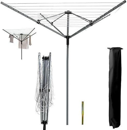 OAKHIVE 4 Arm 60M Rotary Airer Washing Line Outdoor Heavy Duty | Adjustable Height Clothes Airer | Folding Garden Laundry Dryer with Ground Spike & Cover | Weatherproof Clothes Line