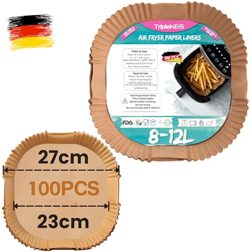 TRIPLE K&S Airfryer Backpapier Liners 100 Pcs 7,5-10L Non-Stick Parchment Paper, Kompatibel mit Russell Hobbs, Cecotec, Princess XXL Air Fryer (100 Stücke 23x23cm)