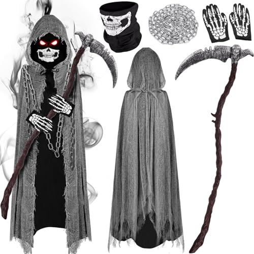 Set costume da Mietitore della morte, 90/110/130 cm Spaventoso mantello da fantasma Mietitore della morte con falce, maschera,catena metallica guanti,bambini e bambine Costum Mietitor della Morte Nero