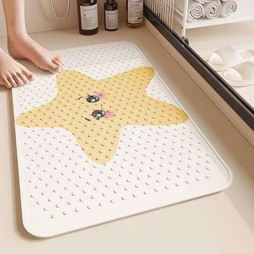 Alfombra Ducha 60X90Cm Estrella Amarilla Alfombrilla De Baño Antideslizante Rectangular,Tapete Grande De PVC con Ventosas, Ideal para Ancianos, Adultos, Infantil Y Niños