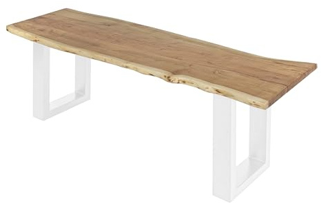 SAM Esszimmerbank 120x42 cm Chicago, Akazienholz naturfarben, Massive Holzbank mit echter Baumkante, Baumkantenbank mit U-Gestell Weiß, Sitzbank mit 26 mm Platte