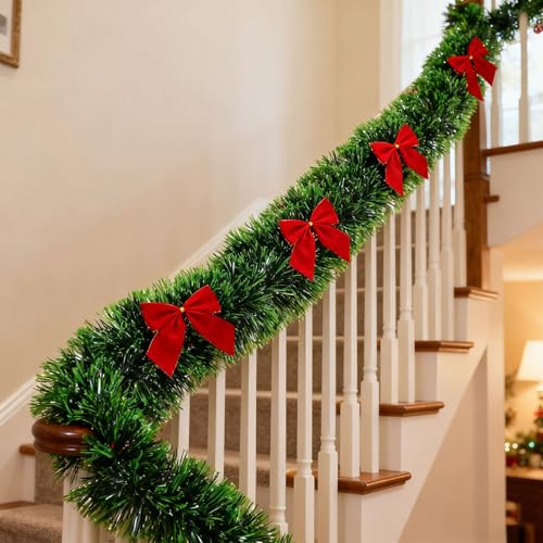 JINXIXI 12M Green Christmas Tinsel Decorations - Xmas Tinsel Garland with 20pcs Red Bows Shiny Thick for Artificial Christmas Tree Home Party Hanging Ceiling Party Birthday Holiday (Green)