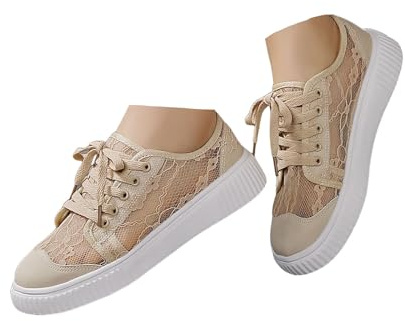 Xbemkste Traditionella skor för damer, sneakers, mesh, ventilerande sommarskor, bekväma, platta skor, broderade fritidsskor, brud, tennisskor, spets, sneakers, kaki, 39 EU