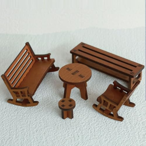 KARLOR Miniatur-Holzmöbel Set, 5-teilig Mini Stühle Schaukelstuhl Bank Hocker Runder Tisch aus Holz für Mni-Szene Miniatur-Landschaftsgestaltung Feengarten Wichtel Dekoration