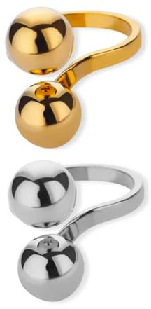 Gold Silver Round Bead Open Ring Adjustable Double Ball Rings Stainless Steel Ball Statement Rings for Women Men Fashion Couple Matching Jewelry Set Gifts 2Pcs(set03)