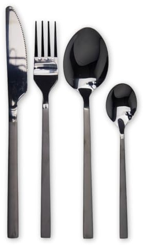 Envenzo 16-Piece Stainless Steel Cutlery Set, Modern Silverware Set for 4, Dishwasher Safe, Mirror Polished Cutlery Set Spoon, Knife and Fork Set, Black, Gold, Silver, Steel (Black)