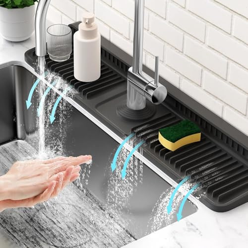 24 Longer Faucet Mat for Kitchen Sink Splash Guard[7° Slope Fast Self-draining][Snap Lock Fit] Kitchen Sink Faucet Mat Splash Guard Kitchen Sink Area Water Splash Guard (Black, 24 x 5.5)