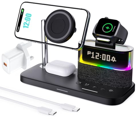 Charging Station,5 In 1 Wireless Charger with Alarm Clock For IPhone | 33W Plug Included,Light,Bedside Clock with Charger Stand for iPhone 17 16 15 14 13 Pro Max Apple Watch Airpods,Tech Gadgets