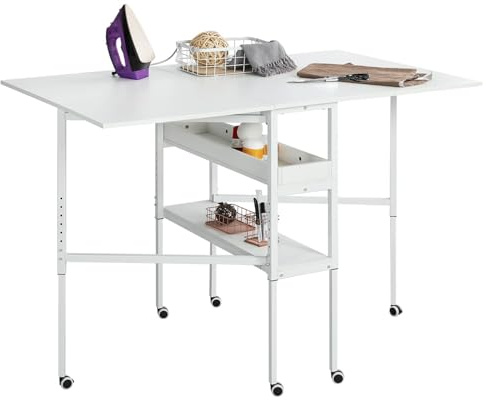 EROMMY Folding Sewing Cutting Table, for Large Fabric,Mobile Height Adjustable with Storage Shelves, Foldable for Home Office