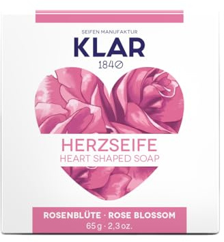Klar Seifen Herzseife Rosenblüte 65 g Cosmos zertifiziert Herzform | Palmölfreie Herzseife mit Rosenduft, Cosmos-zertifiziert, für empfindliche und normale Haut, ideal als Geschenk.