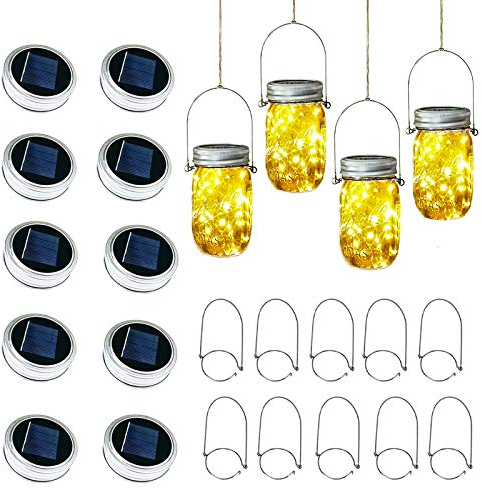 Solar Mason Jar Lid Lights, 10 Pack 30LED String Fairy Star Firefly Jar Lids Lights,10 Hangers Included(Jars Not Included), Best for Mason Jar Decor,Patio Garden Decor Solar Laterns Table Lights