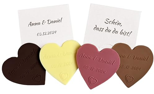 CHOCO SECRETS 20 Personalisierte Schoko-Herzen einzeln verpackt - Personalisierte Schokolade mit Namen und Datum - Einzigartige Hochzeit-Gastgeschenke - Schokoladenherzen mit individueller Geschenkbox
