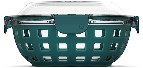 Ello DuraGlass Food Storage Glass Lunch Bowl Container - Meal Prep Container with Silicone Sleeve and Airtight Lid, 5 Cup, Teal