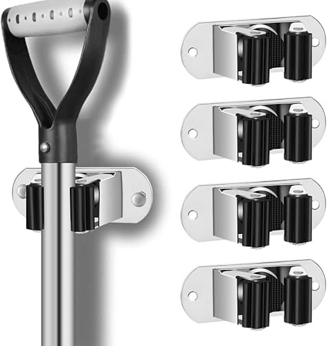 HYRIXDIRECT Mop and Broom Holder Wall Mount Heavy Duty Stainless Steel Wall Mounted Broom Organizer Laundry Room Home Garden Garage Storage and Organization Rack (Silver)