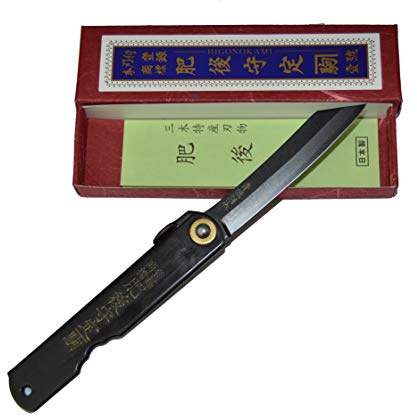 HIGO NO KAMI Couteau de Poche Pliant Artisanal Japonais Warikomi All Black Couteau Estampillé Fait Main au Japon par Nagao Kanekoma Acier Bleu à Haute Teneur en Carbone