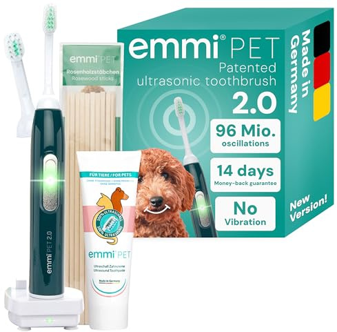 emmi-pet 2.0 Ultrasonic Dog Toothbrush & Toothpaste Set | Plaque Remover for Teeth Dogs & Cats | Silent & No Scrubbing | Small & Large Dog Toothbrush | 75ml