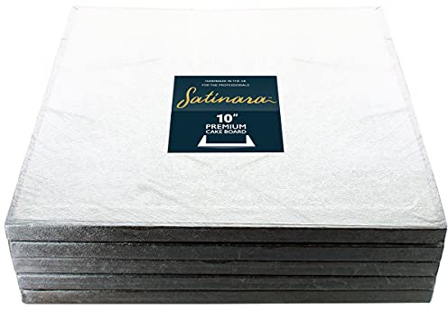 Satinara 10 Cake Boards | 5 Pack | Luxury Cake Drums, Silver Foil Covered, 12mm thick - 10 Inch Square - Pack of 5