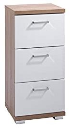 byLIVING Bad-Seitenschrank Nebraska in Sonoma Eiche Hochglanz Weiß | Kleiner Badschrank 3 Schubladen und silberfarbenen Griffen, B 35,5, H 74, T 31,5 cm