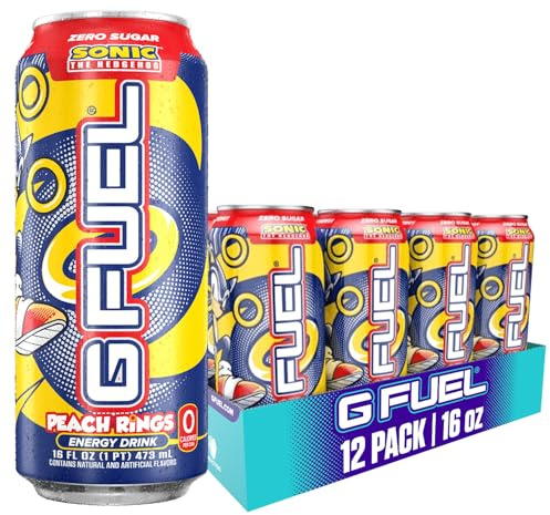 G Fuel Energy Drink, Peach Ring Candy, Sugar Free Beverage with 300mg Caffeine, Daily Energy Boost with Focus Amino, Vitamin + Antioxidants, 16 oz Cans (Sonic, 12-Pack)