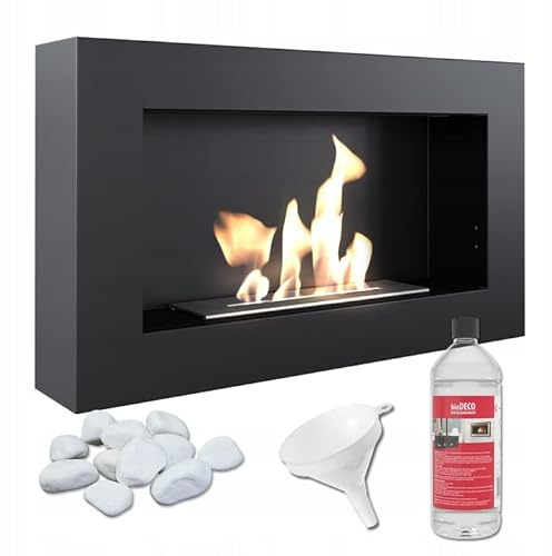KRATKI Golf Flat Indoor Camino a Bioetanolo + Ciottoli + Imbuto + Biocarburante 1L Biocontenitore a Parete 0,4 l Certificato TÜV Acciaio Verniciato a Polvere 37 x 64 cm