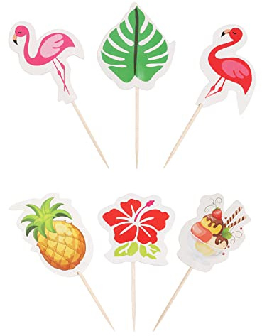 KINBOM 48 Tropische Tortendeko Hawaiianische Zahnstocher für Getränke Sommer Strand Cupcake Topper Tropischer Flamingo Kuchen Topper mit Hawaiianische Deko Palmblättern Partyzubehör (6 Styles)