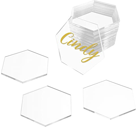 KAITELA 100 Pcs Clear Acrylic Place Cards 1/8 Thick, 3.15 x 2.75 Small Hexagon Blank Acrylic Tiles Seating Card, Escort Name Plate for Table Setting, Wedding, Dinner Party