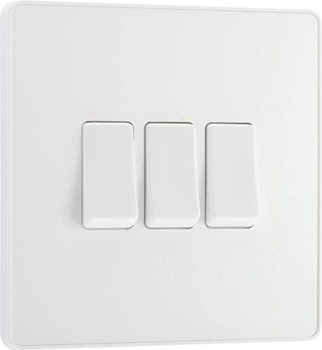 BG Electric - Interruptor de luz de pared triple, 2 vías, placa frontal sin tornillos, bordes redondos, Evolve, blanco nacarado, 20 A, 16AX, PCDCL43W