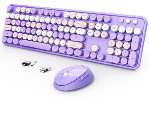 SkyGive Wireless Keyboard and Mouse Combo, Ergonomic Full Size Typewriter Retro Round Keycaps Keyboard, Compatible with Windows, PC, Perfer for Home and Office Keyboards (Purple