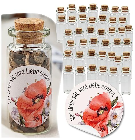 Schokoladenseite 40 Stk Glasflaschen Wiesenblume 190104, kleine Fläschchen mit Korken und Aufkleber für Blumensamen, Gastgeschenk für Hochzeit, Taufe, Geburtstag