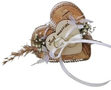 Generisch Mini Ringkissen OSB Holz Herz, Trockenblumen Just married