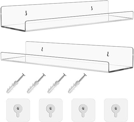 Acrylic Floating Shelves, 2Pcs, Clear, 14.96x1.81x1.77 inch, Wall Mounted Shelves, Self Adhesive Bathroom Shelving for Wall No Drilling, Bookshelf Display Shelf for Picture, Funko Pop Figure Display
