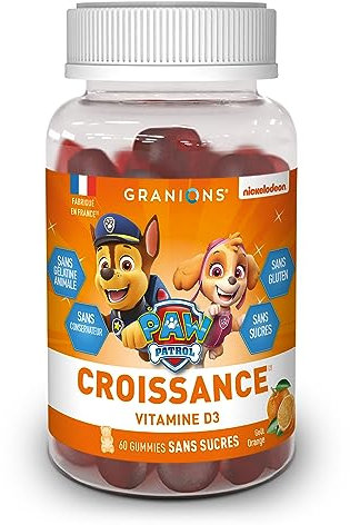 Gummies croissance GRANIONS PAT PATROUILLE | Complement alimentaire | Croissance, fonction musculaire | Vitamine d3, iode | Goût orange | Sans gélatine animale, sans sucres | Made in FR | 60 gummies