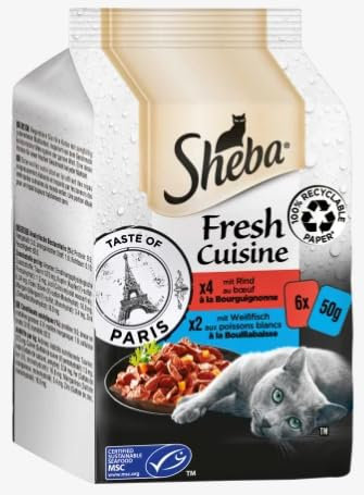 Sheba Fresh Cuisine, Taste of Paris – komplettes Nassfutter für ausgewachsene Katzen im Beutel (Rind, Weißfisch) 12 x (6x50g)