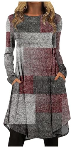 LUNULE Maxikleid Damen Langarm Hemdkleid Cocktailkleid Lang Elegant Vintage Druck Rundhals Minikleid Casual Tunika Blusen Kleid Longpullover