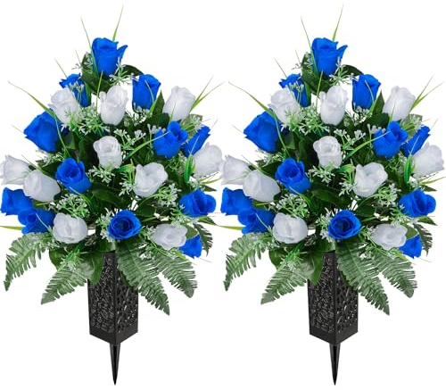 SIFOEL 2 pezzi fiori artificiali del cimitero con il vaso, fiori artificiali della tomba della rosa per la decorazione della lapide del cimitero (Dark Blue&White-24T)