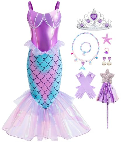Snyemio Liten sjöjungfru, flickor, prinsessa, Ariel kostym, barn, med tillbehör, karneval, födelsedagsfest, 3–4 år