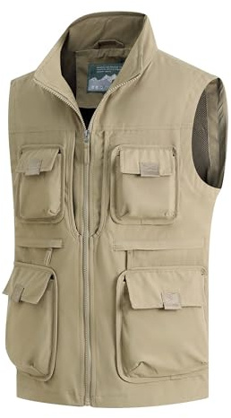 MeiLayM Hommes Gilet de Plein Air Respirant à Séchage Rapide Gilet de pêche Veste sans Manches Loisirs Léger Multi-Poches Gilet Chasse Camping Voyage Sport Photographie Kaki,M